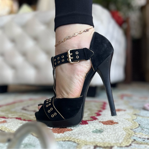 FENDI black suede sandals gold detail heels - Picture 4 of 8